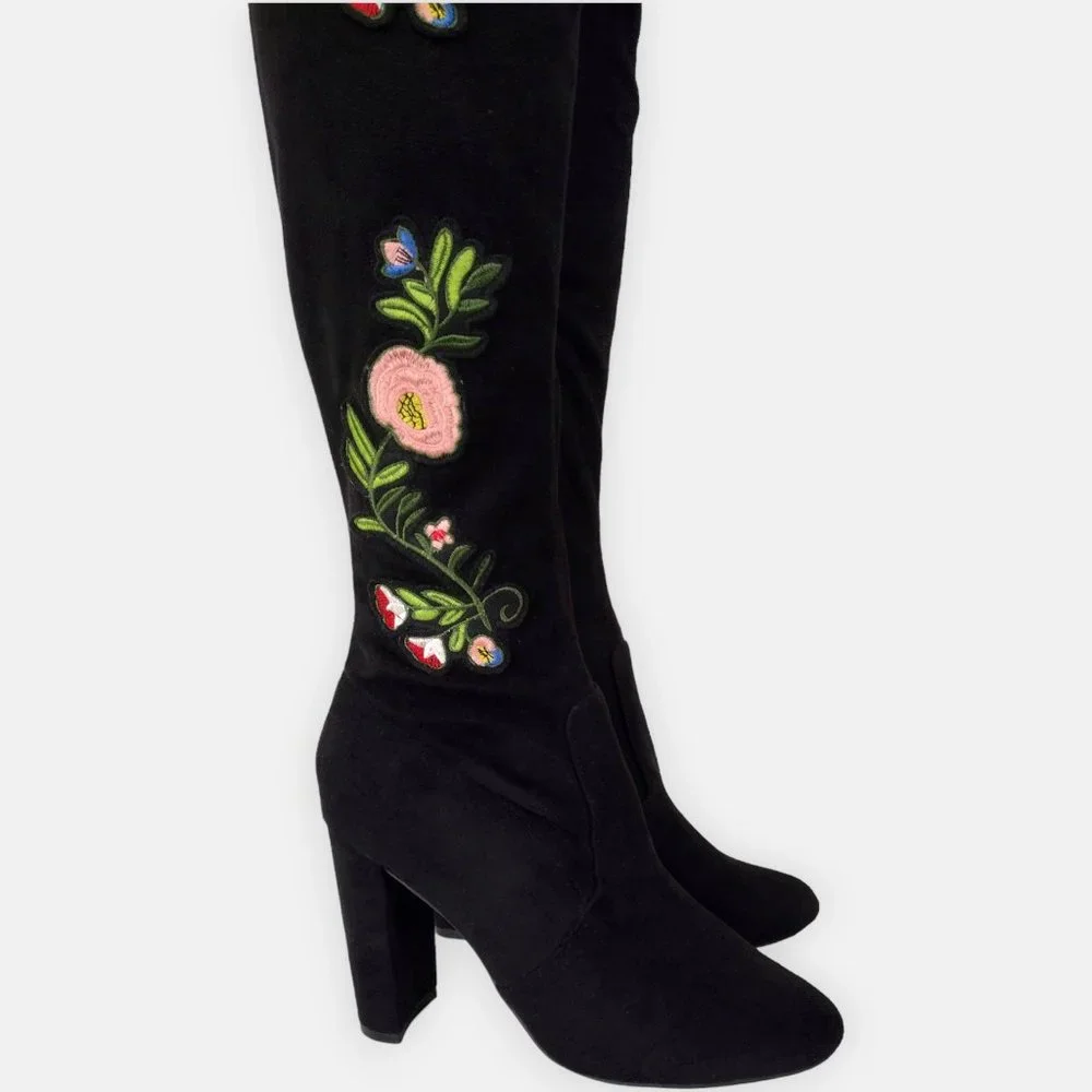 Top Moda Black Suede Floral Embroidered Over The Knee Boots 8.5